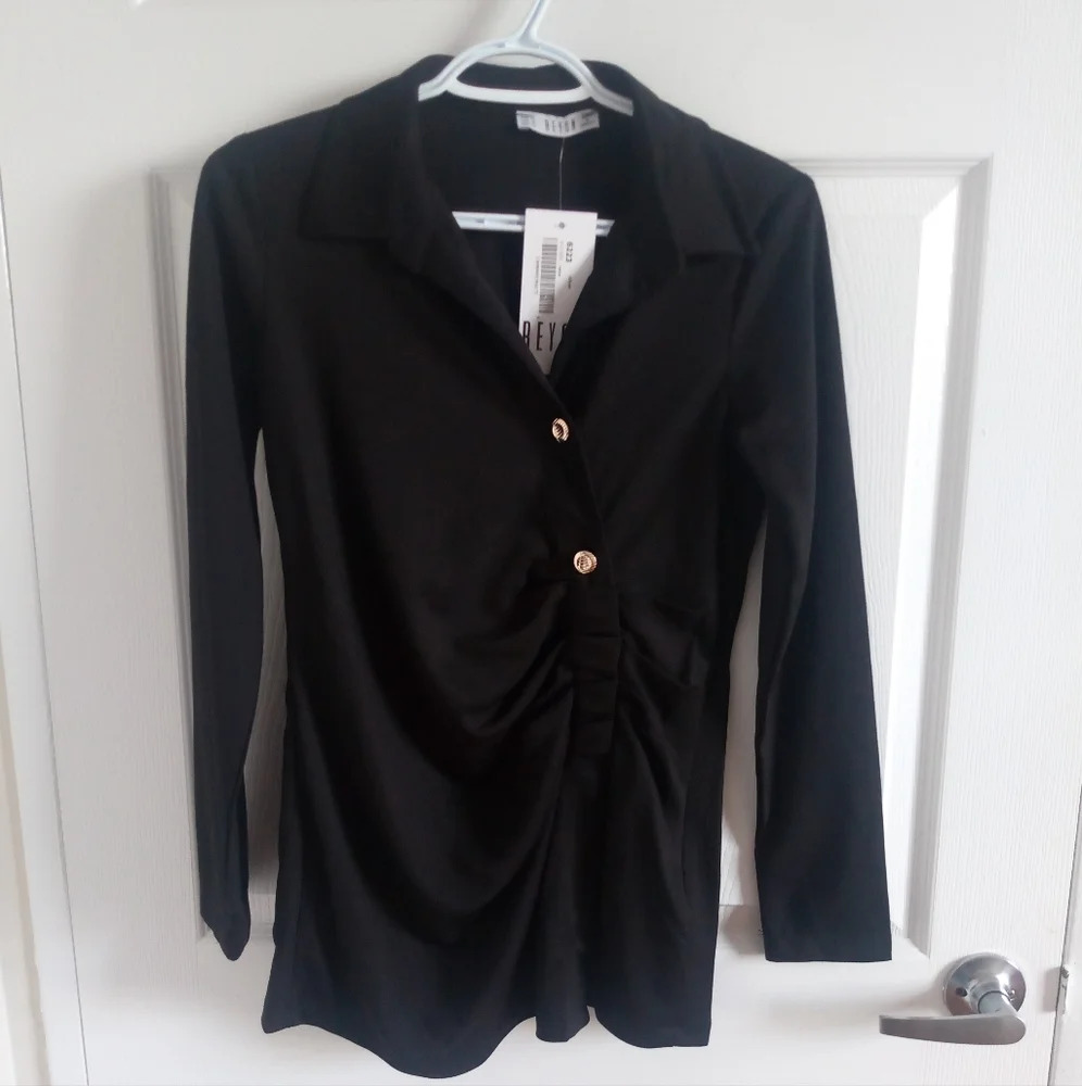 Gathered Panel Buttoned Blouse Top Black Long sleeved Chic Casual Office look XL